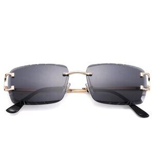 Mens Sunglasses‎ Hip Hop Style Dark Black Lens Gold Rimless Diamond Cut Classy
